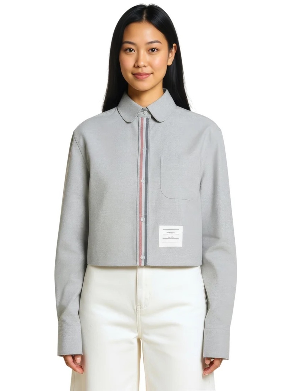 THOM BROWNE Classic Cropped Round Collar Gray Button Down Shirt 38 XS